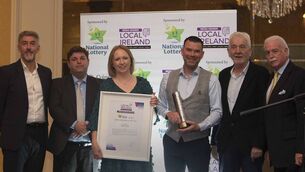 <p>Anthony Hennigan receives his award for Sports Journalist of the Year. Also pictured are, from left: Sean Mahon, President of Local Ireland; Cian Murphy, CEO of the National Lottery Cian Murphy; Sinead Crowley, Director of Media Development for Coimisiún na Mean; PJ Cunningham, adjudicator and MC Marty Whelan. </p> <p>Anthony Hennigan receives his award for Sports Journalist of the Year. Also pictured are, from left: Sean Mahon, President of Local Ireland; Cian Murphy, CEO of the National Lottery Cian Murphy; Sinead Crowley, Director of Media Development for Coimisiún na Mean; PJ Cunningham, adjudicator and MC Marty Whelan. </p>