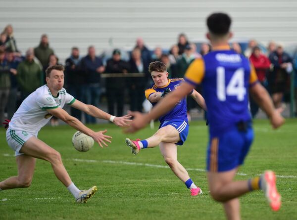 Eastern Gaels Conor Grogan shoots for goal during the Treanlaur Catering Mayo JFC quarter-final clash against Burrishoole on Sunday. Picture: Conor McKeown