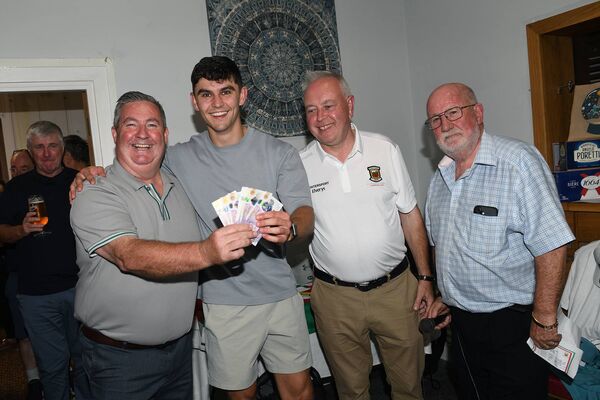 Mayo footballer Tommy Conroy, whose mother is a native of Kilkenny, won the Mayo players prize when members of the All-Ireland senior winning team travelled to the UK and took part in the Mayo Golf Society London's final outing of the year at Mill Hill golf club. He is pictured with society members Fintan Doran, Tom Maloney and Joe Murphy.	Picture: Malcolm McNally