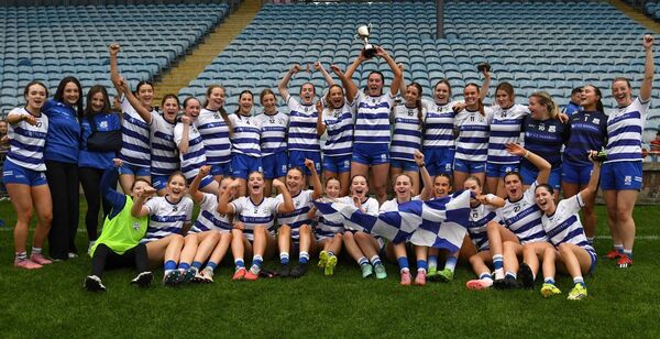 The jubilant Breaffy ladies football team celebrate with the trophy after winning the AbbVie Mayo LGFA Junior 'A' Championship Final, in dramatic circumstances against Kilmoremoy. Picture: David Farrell
