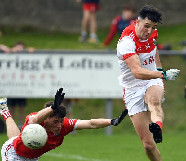 Garrymore’s Cathal Slattery has his shot blocked.	Picture: David Farrell Photographer