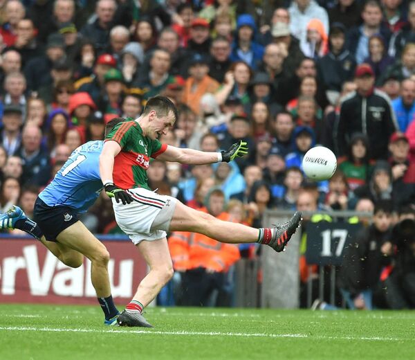 Mayo captain Cillian O'Connor landing the equalising point in the dying minute. Picture: David Farrell Photography