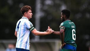 <p>Team captains Calym Crowe of Salthill Devon, left, and Noe Baba of Mayo after the FAI National League Group 2 match between Salthill Devon and Mayo at the NFP Park, Salthill in Galway last month. Picture: Ben McShane/Sportsfile </p>