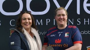 <p>Susan Gallagher, AbbVie, presenting the player of the match trophy to Moy Davitts goalkeeper Emma Galligan after the Mayo LGFA AbbVie Intermediate Football Championship final at Hastings Insurance MacHale Park, Castlebar.	Picture: David Farrell Photography </p>
