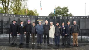 <p>Members of the local peace park committee and the Organisation of National Ex-Service Men and Women were present to welcome the visitors, from left: Kevin McNally John Moylette, Yohanna and Bernard Blum, Stephen McLoughlin, Alexander and Heike Shultz, Michael Feeney, Capt. Donal Buckley, Seamus Bourke and John Moran. 	Picture: John Moylette</p>