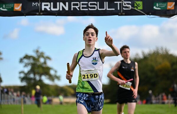 Darragh McHale celebrates helping Moy Valley AC to victory in the U15 Boys 4x1000m Relay. Picture: Sam Barnes/Sportsfile Darragh McHale celebrates helping Moy Valley AC to victory in the U15 Boys 4x1000m Relay. Picture: Sam Barnes/Sportsfile