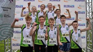 <p>The Moy Valley AC teams, back row from left, Niamh Devaney, Roxanne Sands, Holly Ginty and Grace Tighe after winning the U15 Girls 4x1000m Relay, and front row Ruairi Reynolds, Sean Monaghan, Daniel Gallagher, Darragh McHale and Cian McDonnell after winning the U15 Boys 4x1000m Relay, during the Autumn Open Cross Country International at the Sport Ireland Campus in Dublin	Picture: Sam Barnes/Sportsfile </p>