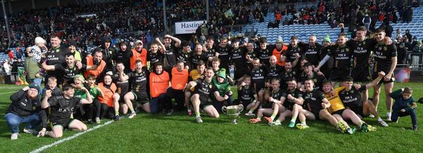 The Ardagh team and management and young supporters celebrate their victory over Eastern Gaels in the Treanlaur Catering Mayo junior football championship final at Hastings Insurance MacHale Park, Castlebar, last Sunday.	Pictures: David Farrell Photography 