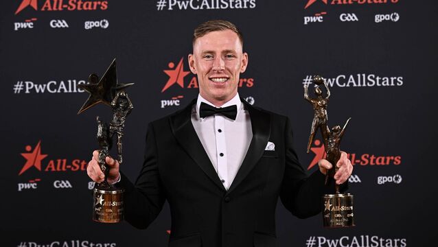 <p>Mayo footballer Ryan O'Donoghue with his PwC GAA/GPA Footballer of the Year award and his PwC GAA/GPA All-Star award during the 2026 PwC GAA/GPA All-Star Awards at the RDS in Dublin. Picture Seb Daly/Sportsfile </p>